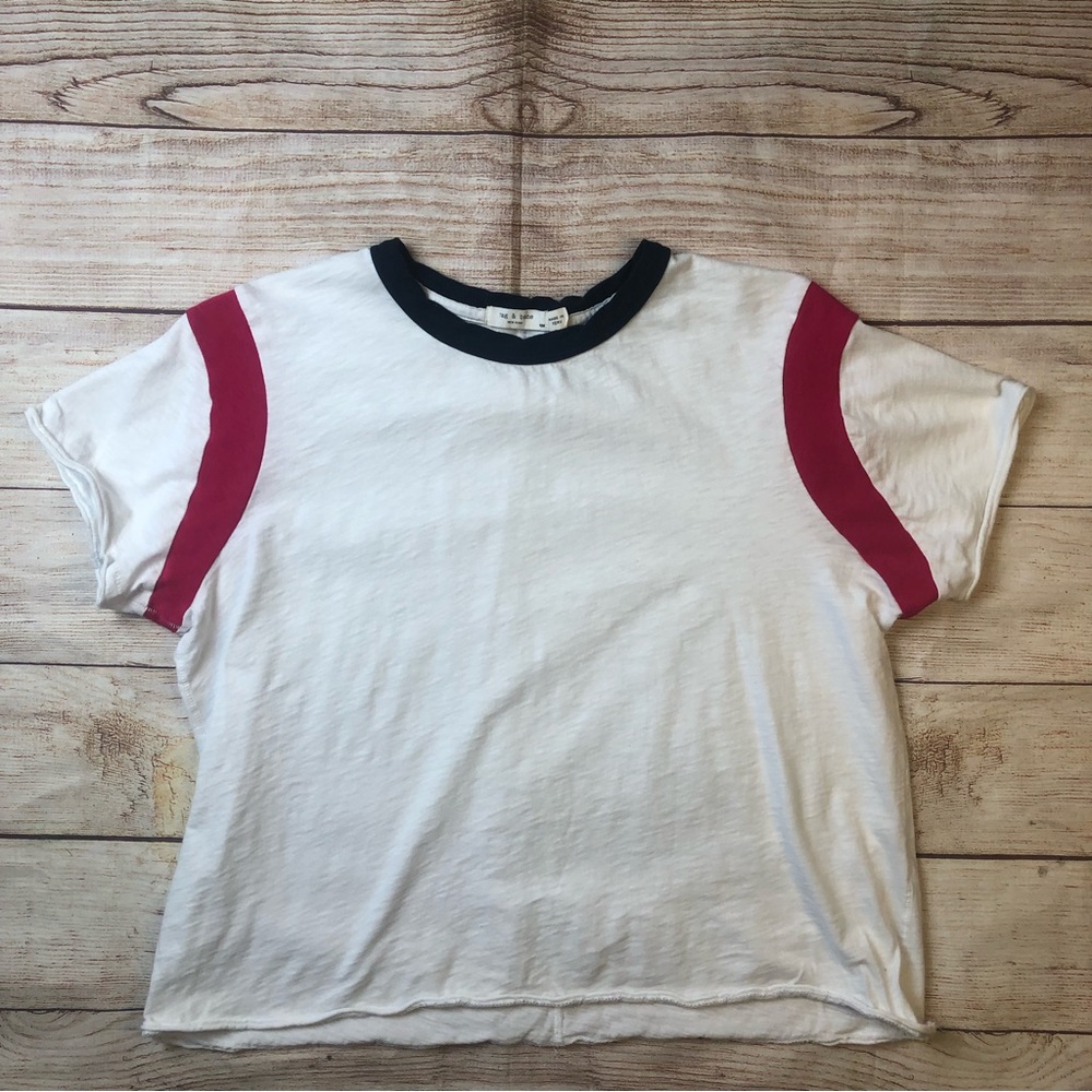 rag & bone White Tee with Pink Sleeves and Black Neck